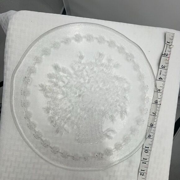 Glass Etched Flower Basket Serving Cake Tray - Picture 6 of 10